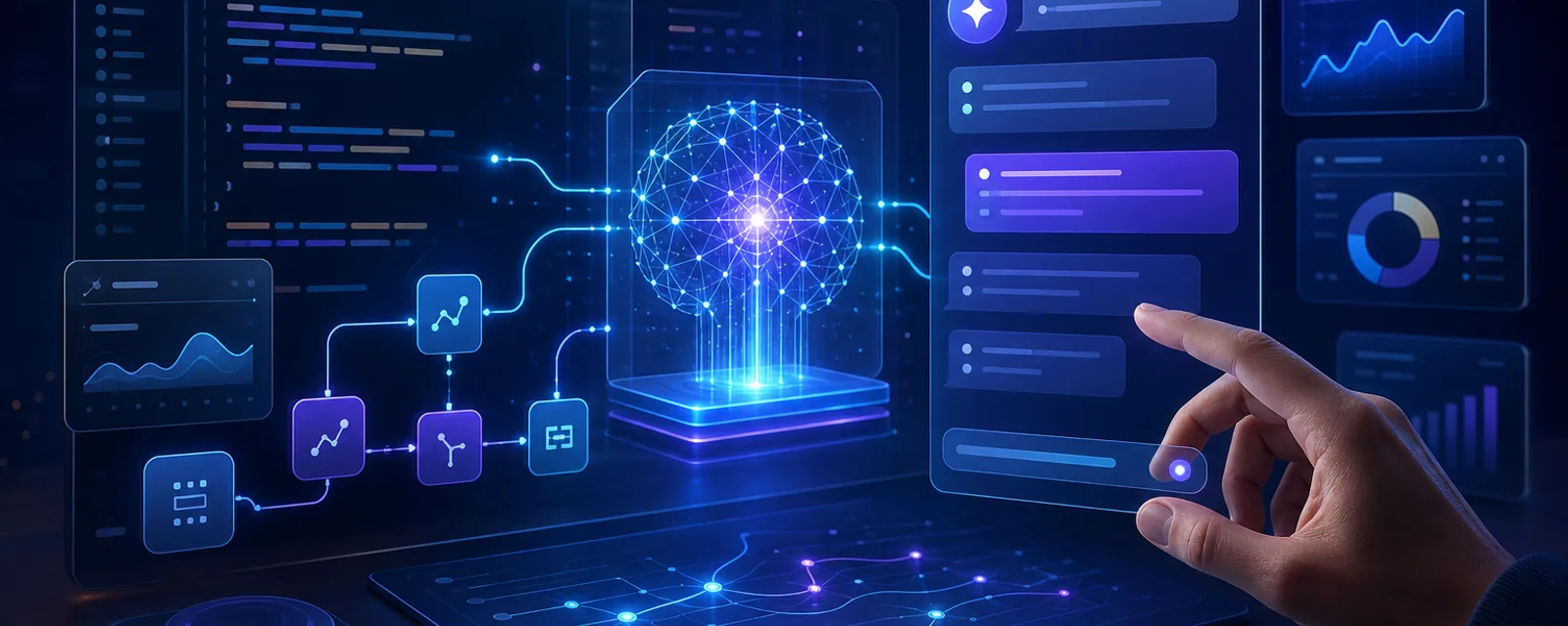 AI software interface connecting business data, copilots, and automated workflows